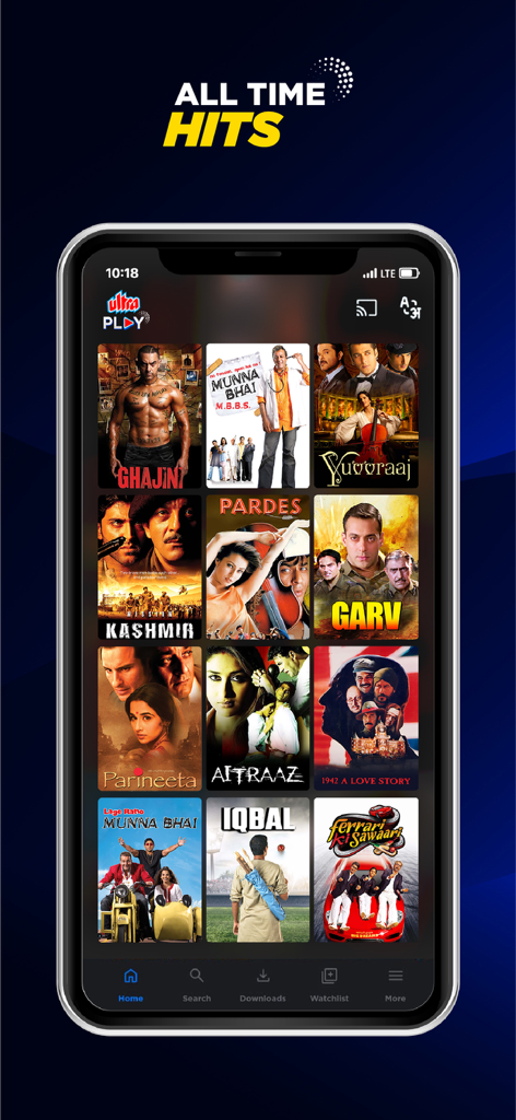 Ultra Play Hindi Movies - Ultra Play mobile app screen displaying a grid of popular Bollywood movie hits