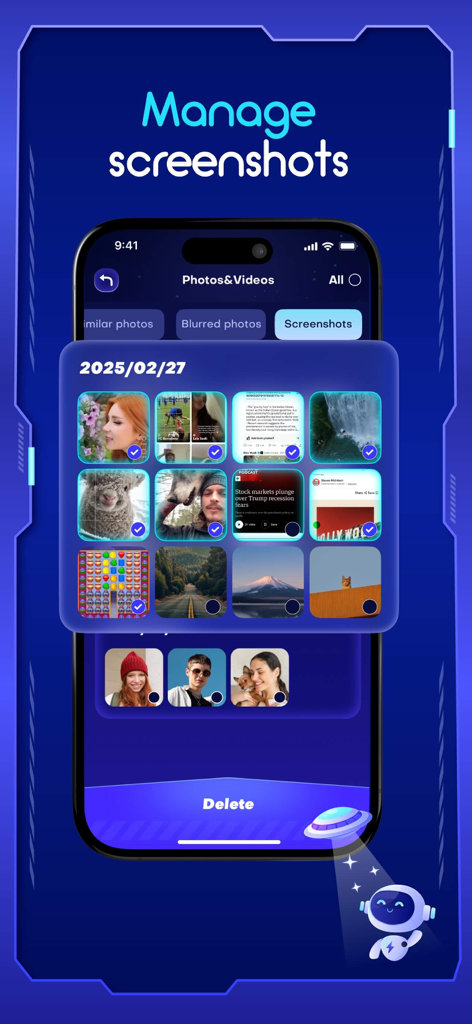 Phone Master-Clean Master - Phone Master app interface showing the manage screenshots feature with a grid of images selected for deletion