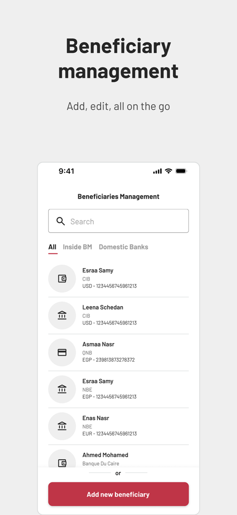 BM Online Business - Beneficiary management screen in the BM Online Business app showing a list of payees and an option to add new ones