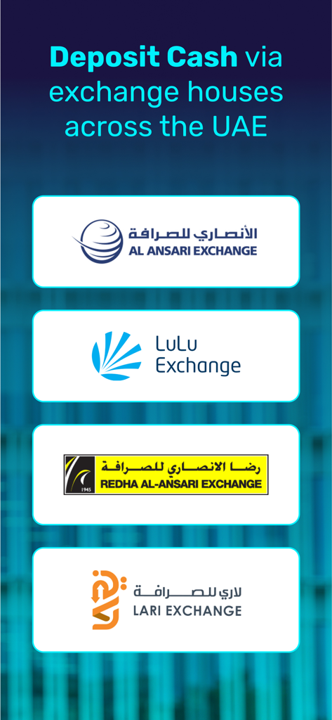 Mbank UAE app screen showing options to deposit cash via UAE exchange houses like Al Ansari and LuLu Exchange