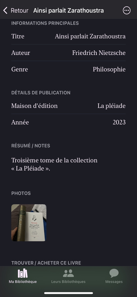 Ma Bibliotheque - Detailed view of a book entry in the Ma Bibliotheque app showing title, author, and publication details for a philosophy book.