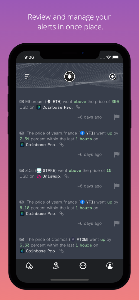 Mobile app screen displaying a history of cryptocurrency price and volatility alerts for coins like Ethereum and Cosmos