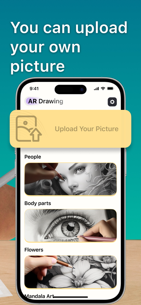AR Drawing: Trace to Sketch ' - A smartphone screen showing the AR Drawing app interface with an option to upload your own picture and a library of sketch categories for tracing.