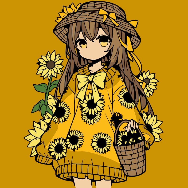 anime girl in a oversized, sunflower sweater, sunflower bucket, hat, and holding a sunflower🌻🌻🌻