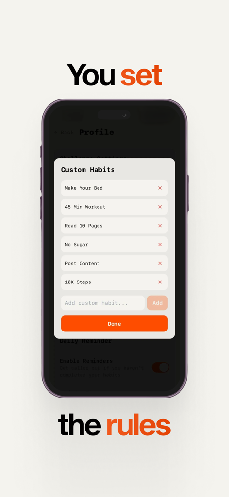 66 Challenge - Pantalla de selección de hábitos personalizados en la aplicación Reto 66 Días que permite a los usuarios establecer objetivos personalizados como ejercicio y lectura.