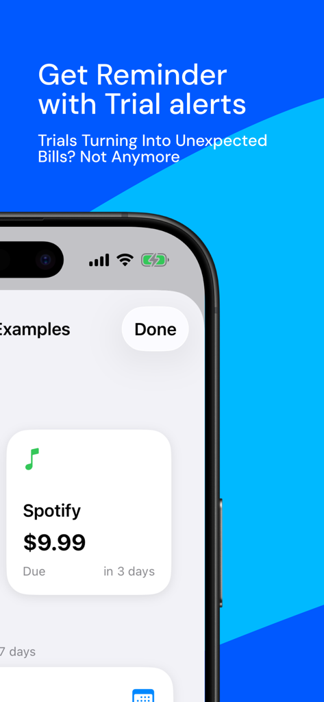 Track Subscription: ManageSubs - ManageSubs app interface displaying a subscription trial alert for a Spotify payment due in three days.