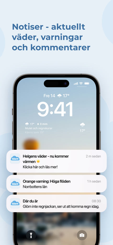 Klart - Väder - Smartphone lock screen displaying weather alerts and notifications from the Klart app