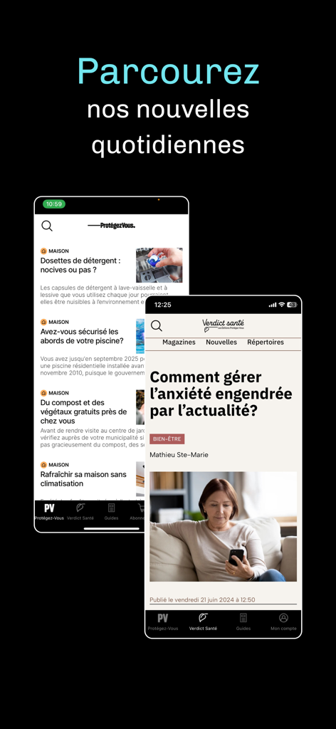 Protégez-Vous - Protégez-Vous and Verdict santé mobile app news interface displaying consumer and health articles.
