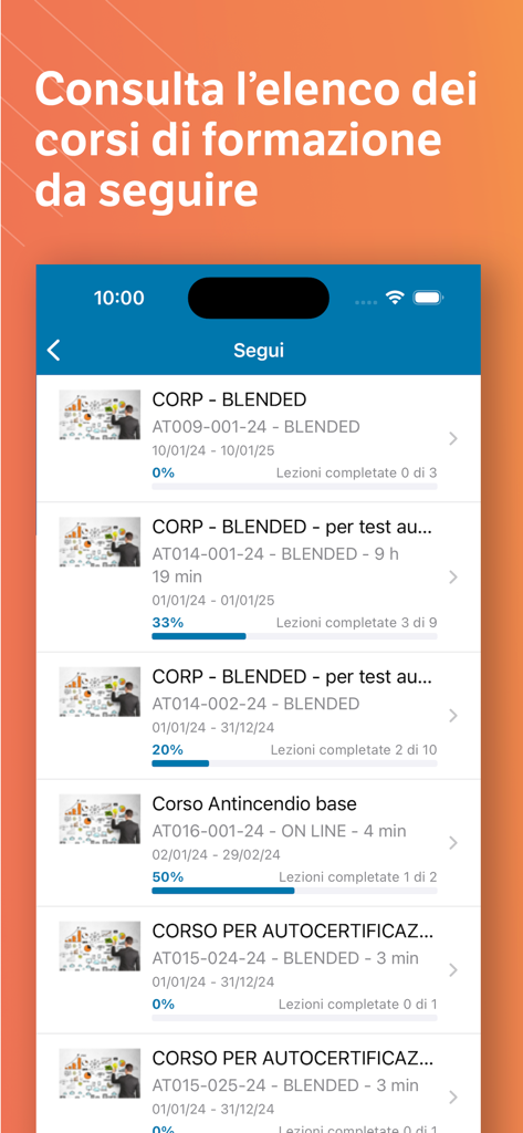 TeamSystem HR - Interfaccia dell'app mobile TeamSystem HR che mostra un elenco di corsi di sviluppo professionale con barre di avanzamento del completamento