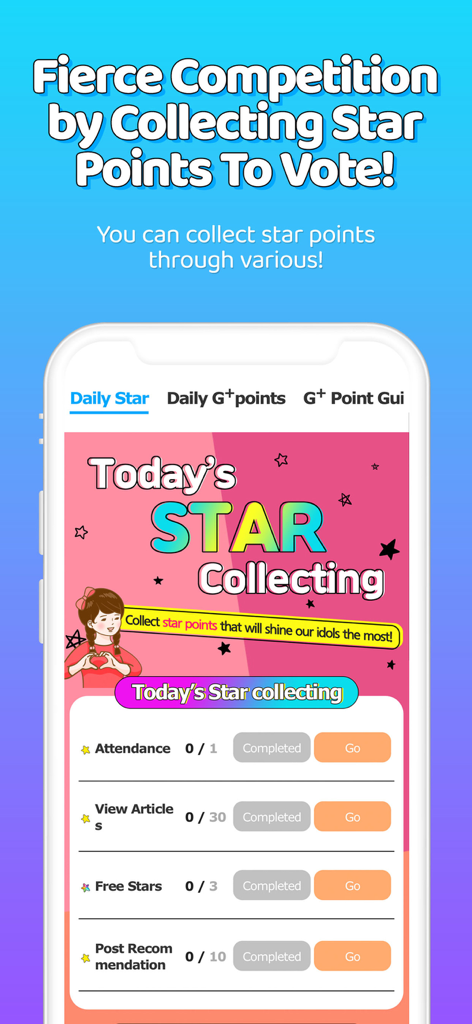 FAN N STARアプリの画面。投票のためにスターポイントを獲得するための毎日のミッションが表示されています。