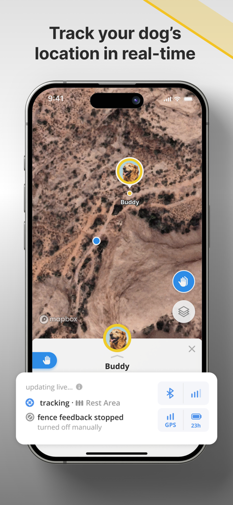 Halo Collar - Interfaccia dell'app Halo Collar che mostra il tracciamento GPS in tempo reale di un cane su una mappa satellitare