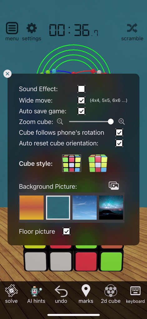 Settings menu of the 3D Magic Cube Solver app with customization options