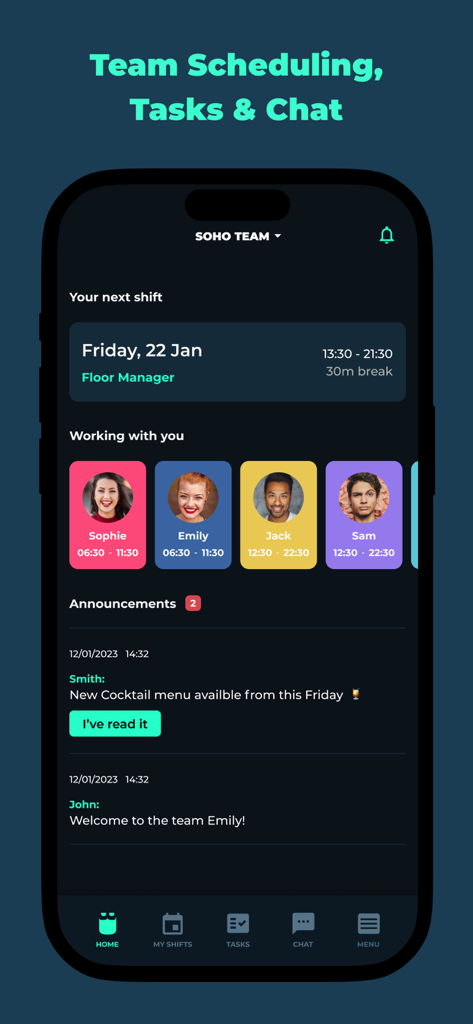 Employee Scheduling by BLEND - BLENDアプリのホーム画面。シフト情報、チームメンバー、スタッフの告知が表示されています。