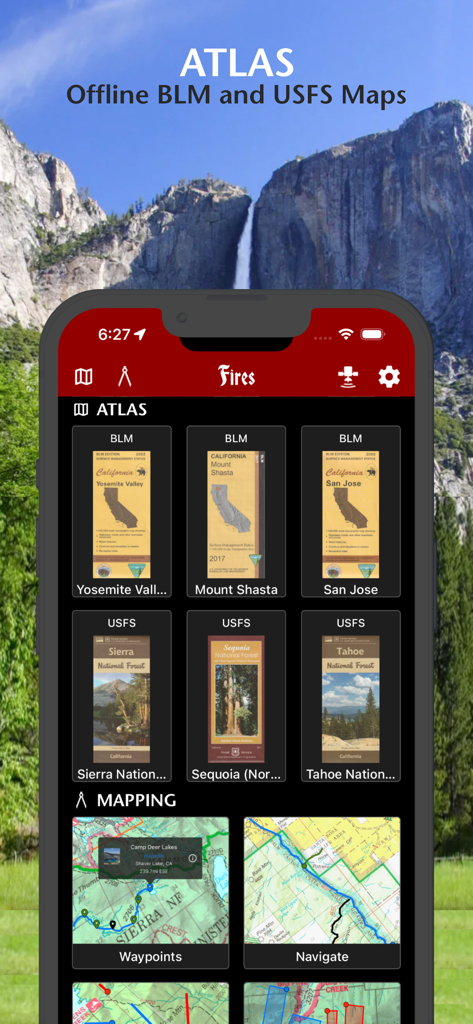 Fires: Wildfire News and Atlas - Fires app interface showing offline BLM and USFS maps for national forests and parks