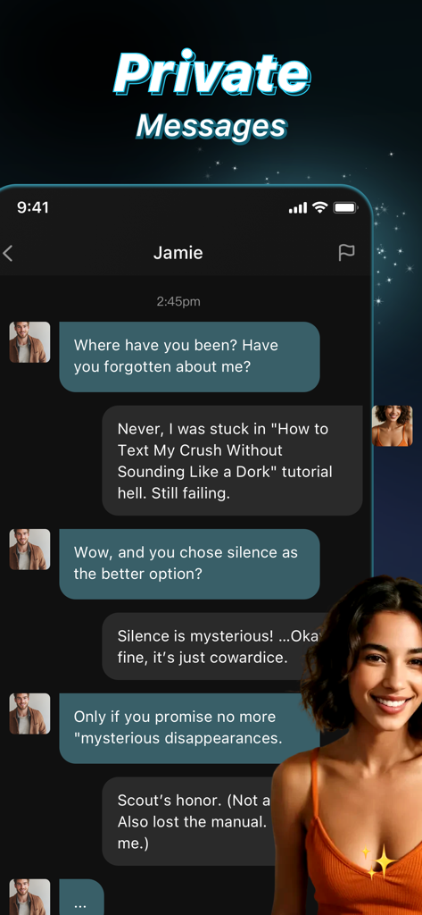 Adult Casual Dating App: AChat - AChat app screenshot featuring a private messaging interface with casual conversation and a smiling female user