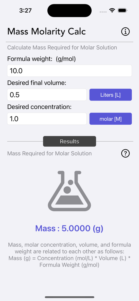 Interface of the Mass Molarity Calculator app showing mass calculation results for a chemical solution.