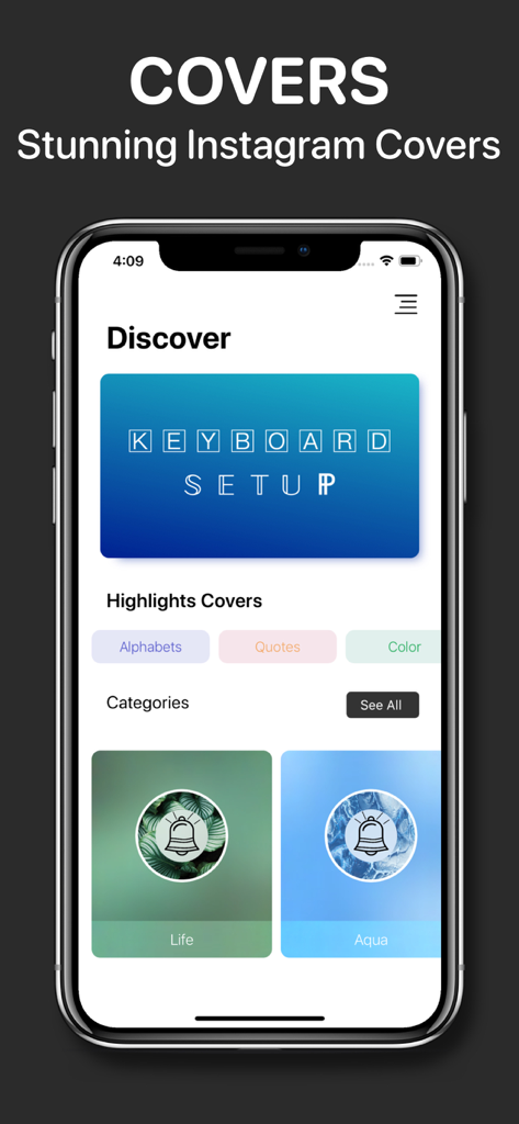 Fonts - keyboard Font Maker - A mobile app interface showcasing various aesthetic Instagram highlight covers and design categories.