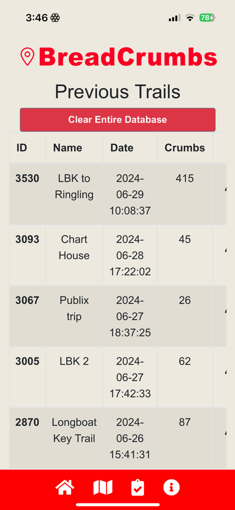 Liste der aufgezeichneten Pfade in der Bread Crumbs App mit Namen, Daten und Anzahl der Krümel.