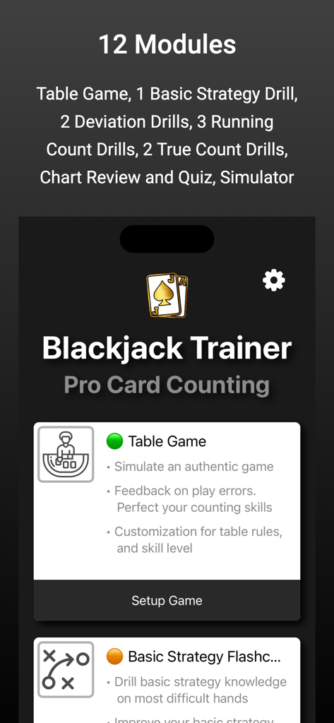 Blackjack Card Counting Pro - Blackjack Card Counting Pro app interface showing various training modules including Table Game and Basic Strategy Drills
