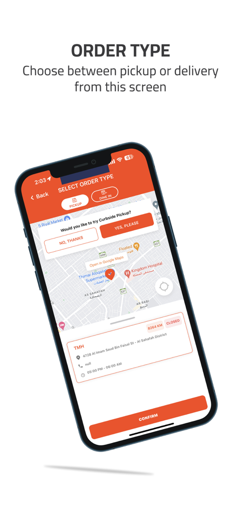 Take Me Home | TMH - Schermata di Take Me Home app per scegliere tra opzioni di ritiro e consegna
