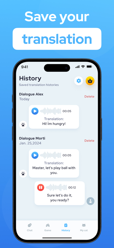 App screen showing the history of saved cat voice translations with dialogue logs