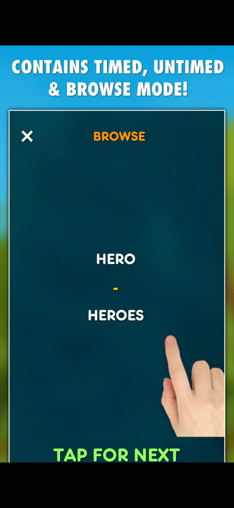 Plurals & Singulars Test - Mode Parcourir de l'application Plurals and Singulars Test montrant les mots hero et heroes