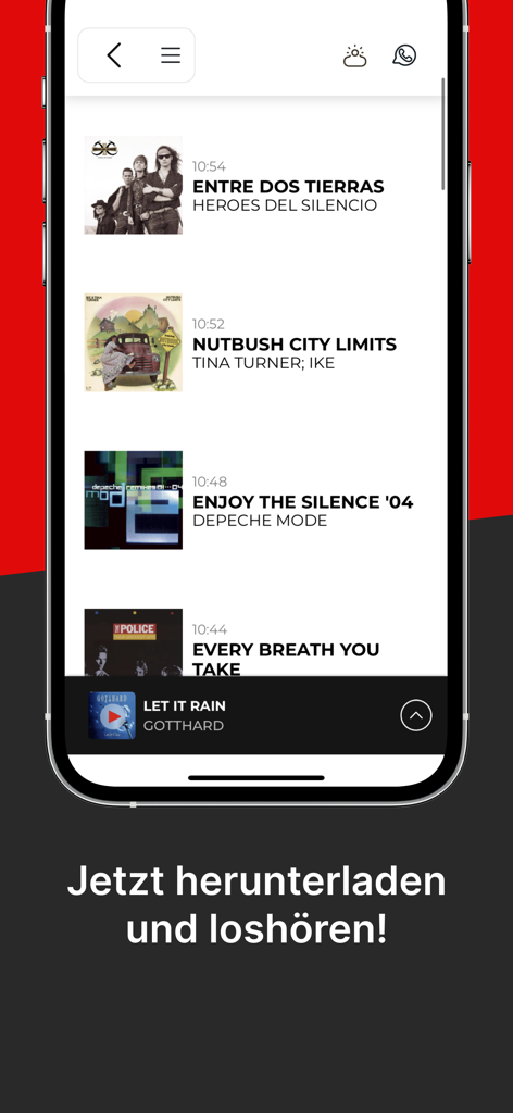 Screenshot of the Virgin Radio Switzerland app showing a list of recently played rock songs including Heroes Del Silencio and Depeche Mode
