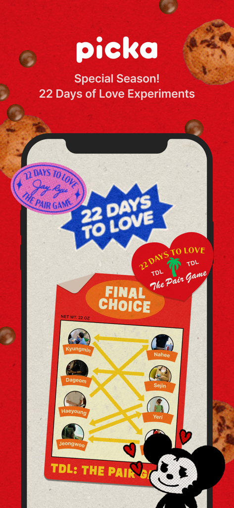 Picka: Virtual Messenger - Smartphone screen showing character pairings in the Picka virtual messenger love experiment game.