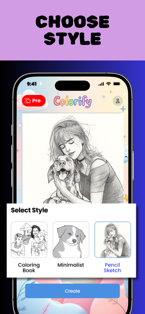 Colorify: Coloring Book Maker - Colorify app screen showing options to convert photos into coloring book, minimalist, or pencil sketch styles.