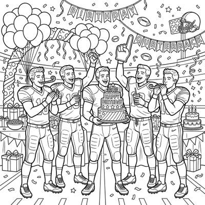 Get ready for an epic celebration with our Quarterbacks Birthday Party coloring page! This festive scene features football heroes enjoying their special day, complete with cakes, balloons, and plenty of cheer.