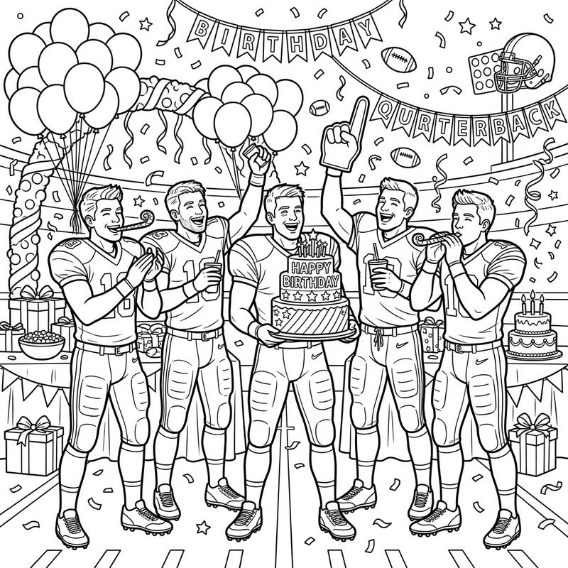 Get ready for an epic celebration with our Quarterbacks Birthday Party coloring page! This festive scene features football heroes enjoying their special day, complete with cakes, balloons, and plenty of cheer.