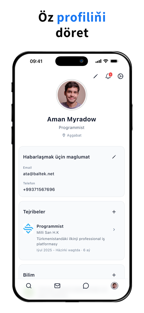 asman: Iş Tap - Interface do perfil do usuário do aplicativo de busca de empregos asman exibindo experiência profissional e detalhes de contato