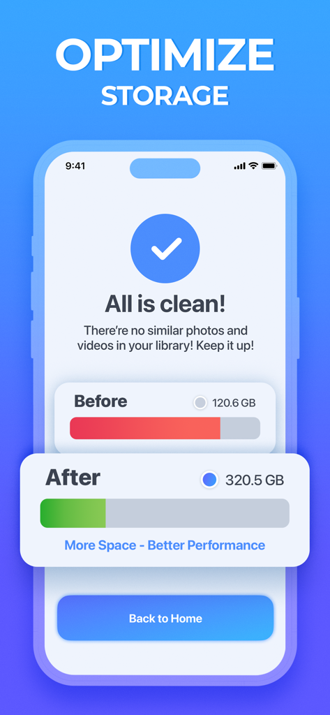 iKit Cleaner app screen showing successful storage optimization with before and after space comparison.