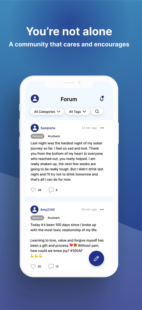 Reframe: Drink Less & Thrive - Une capture d'écran du forum communautaire de l'application Reframe montrant des publications d'utilisateurs de soutien