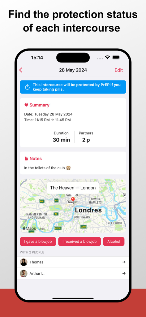 Screen showing sexual intercourse details and PrEP protection status in the My PrEP app