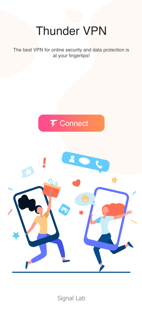 Thunder VPN app welcome screen with a large orange connect button and illustrations of people using mobile devices