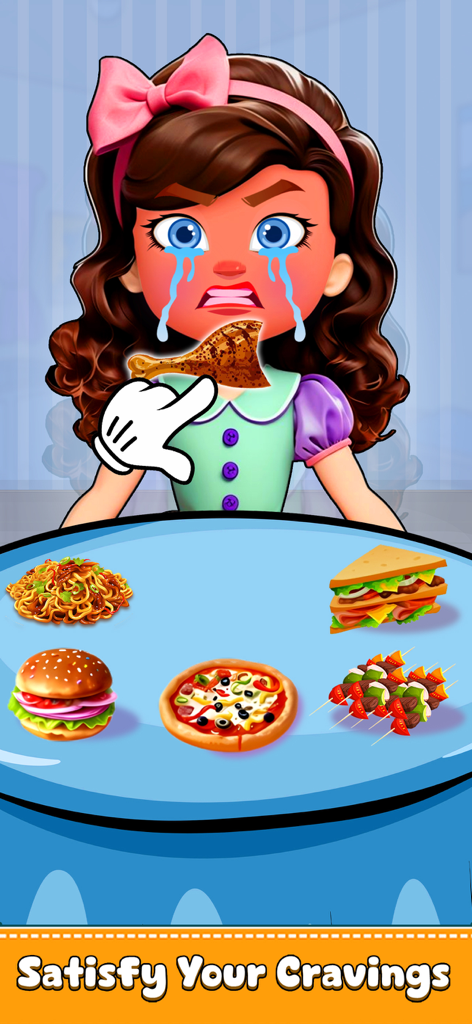 Eating Food Games: ASMR Games - Una chica de dibujos animados llorando y siendo alimentada con pollo en un juego de comer mukbang ASMR