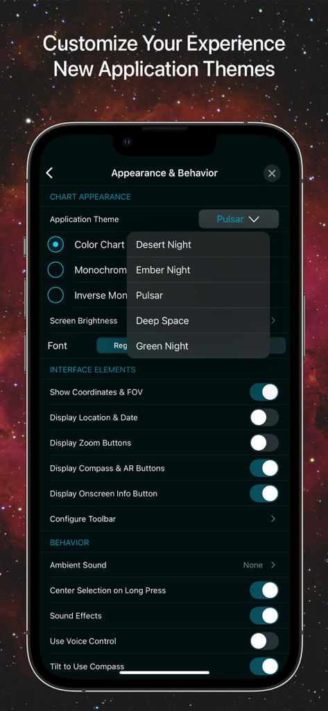 SkySafari 8 Pro - SkySafari 8 Pro settings menu displaying new application theme customization options