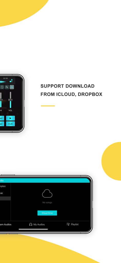 Interfaz de DJ Mixer Studio que muestra la integración con iCloud y Dropbox para importar pistas de música.