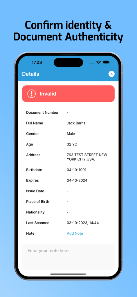 ID Scanner app interface showing an invalid document verification result with patron details.