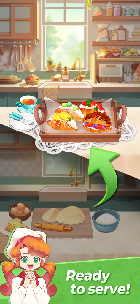 Dream Recipe : Merge Cooking - Un plateau de croissants colorés et décorés dans une cuisine virtuelle cosy avec un personnage de cheffe mignon et le texte 'Prêt à servir'