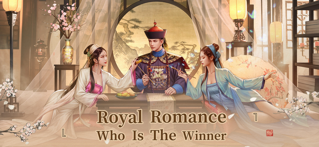 Illustration of a royal official sitting between two beautiful confidants in a traditional palace from Be The King Judge Destiny