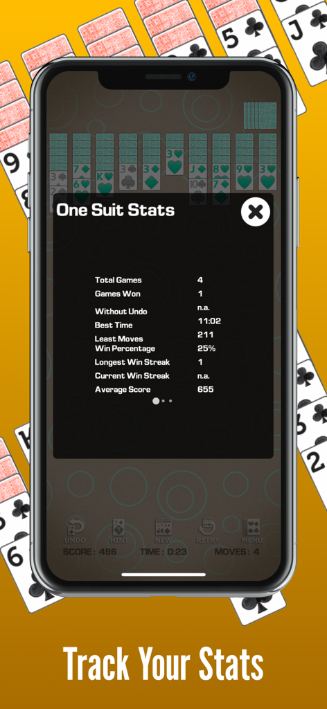 Spider Solitaire Pro! - Pantalla de estadísticas del juego Spider Solitaire Pro que muestra el porcentaje de victorias y los mejores tiempos de finalización