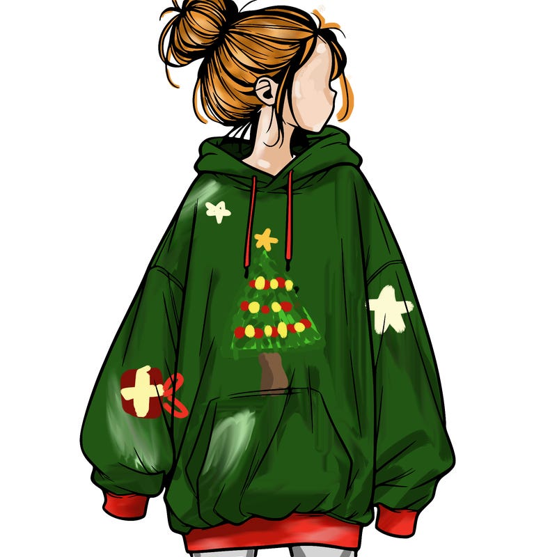 realistic girl with a oversized sweatshirt on and a bun