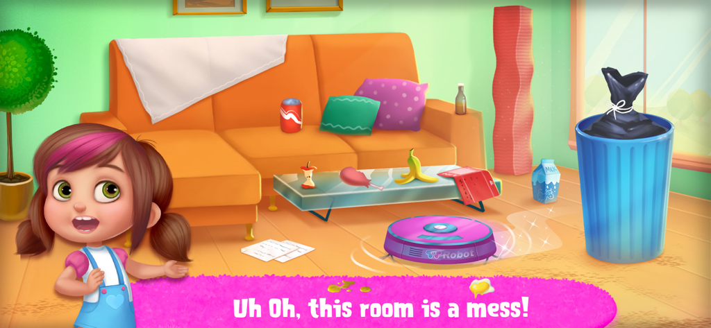 A cartoon girl standing in a messy living room with a robot vacuum in the Daddy's Little Helper game.