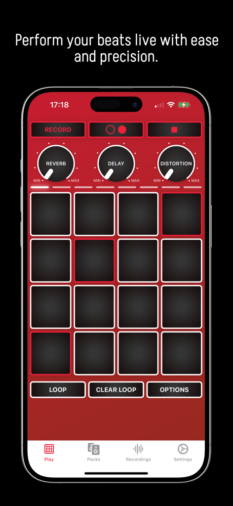 Beat Maker - Sampler - A red themed interface of the Beat Maker Sampler app on an iPhone showing music pads and audio effects.