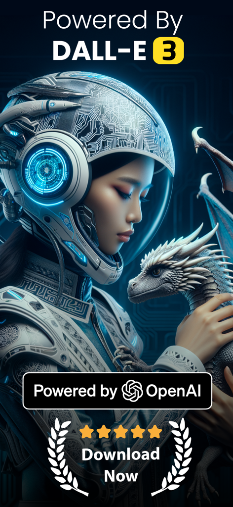 DALL E 3 AI Art Generator - A futuristic woman in a sci-fi helmet holding a small white dragon generated by DALL E 3 AI Art Generator