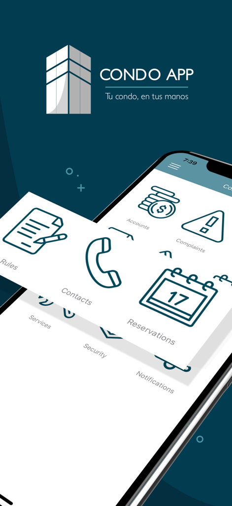 CondoApp - CondoApp mobile interface showing building management features like reservations, security, and payments