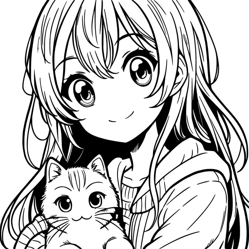 manga girl with cat