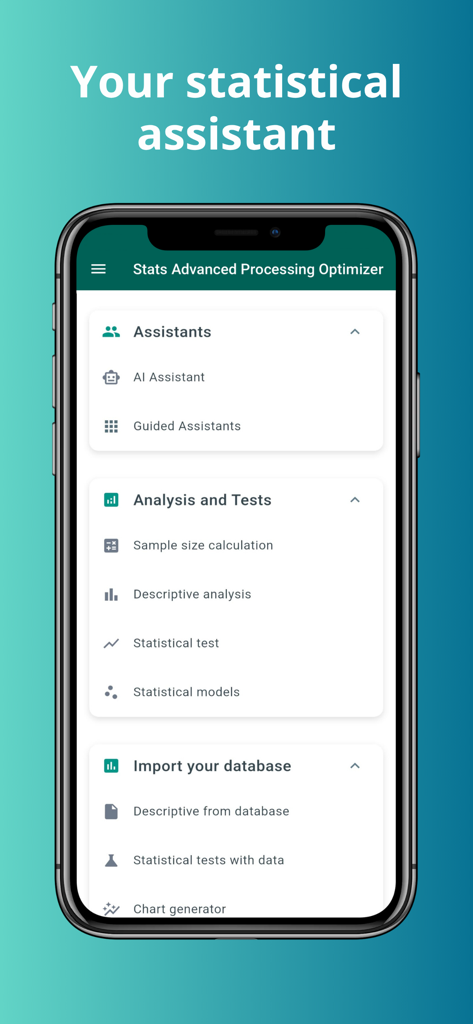SAPO: AI Statistical assistant - Main menu of the SAPO app showing AI assistants and statistical analysis tools
